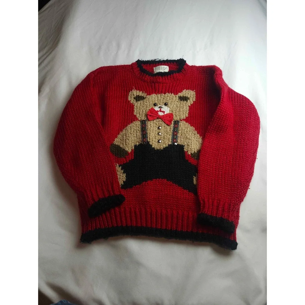 Vintage Heidi Hand Knitted Teddy Bear Sweater Red Bow Tie Acrylic Mens Medium
